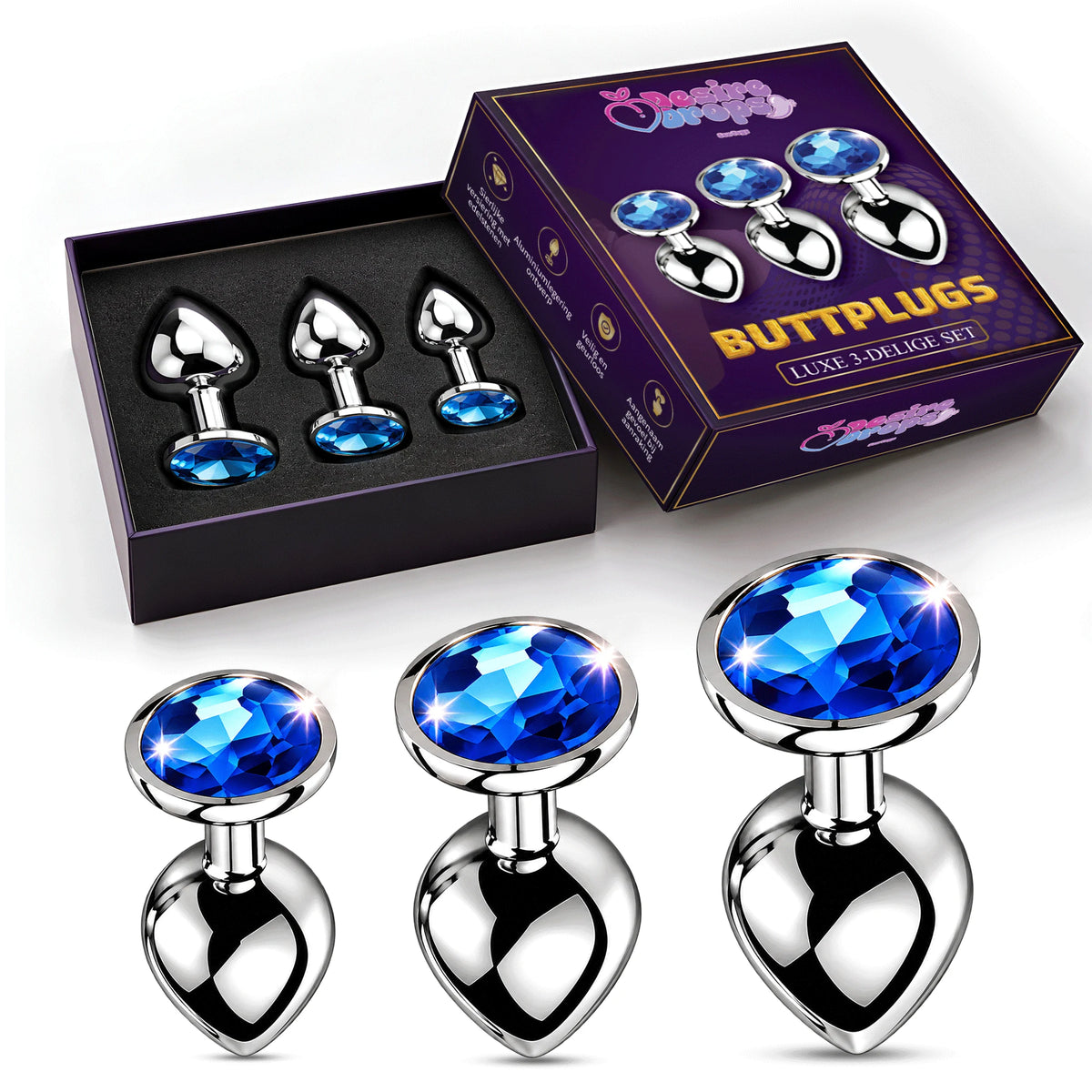 Desiredrops Anaalplug Set – 3 Maten – Aluminiumlegering – Blauwe Siersteen