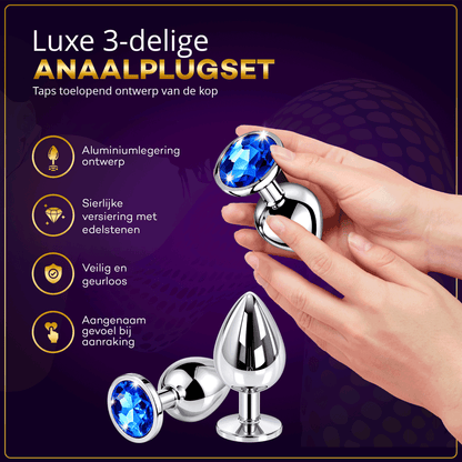 Desiredrops Anaalplug Set – 3 Maten – Aluminiumlegering – Blauwe Siersteen
